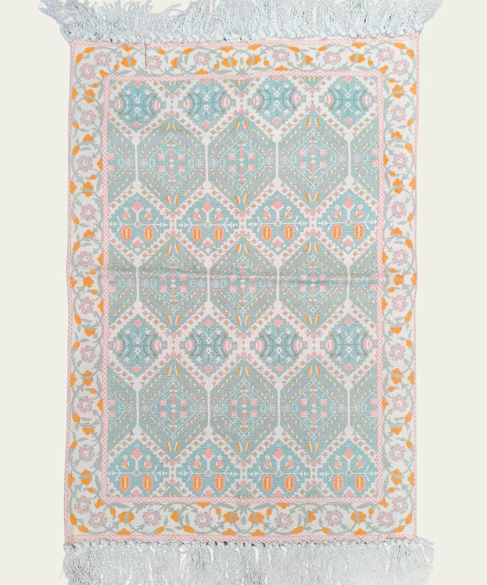 2x3 Feet Printed Rug | Cream & Turq | Cotton | SHOBITAM