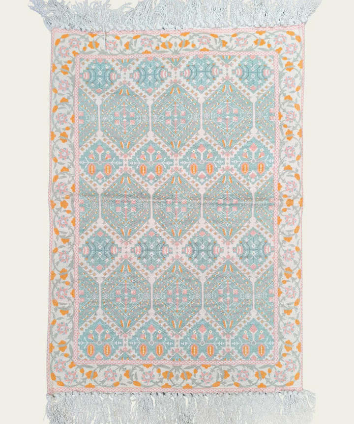 2x3 Feet Printed Rug | Cream & Turq | Cotton | SHOBITAM