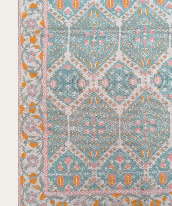 2x3 Feet Printed Rug | Cream & Turq | Cotton | SHOBITAM