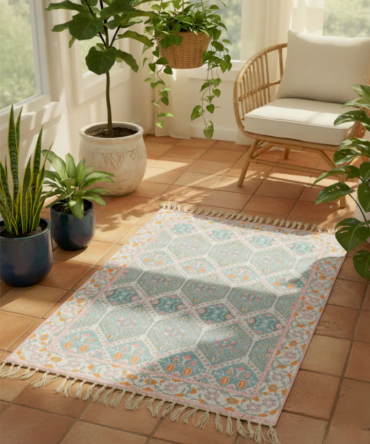 2x3 Feet Printed Rug | Cream & Turq | Cotton | SHOBITAM