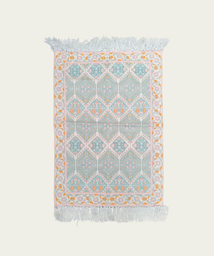 2x3 Feet Printed Rug | Cream & Turq | Cotton | SHOBITAM