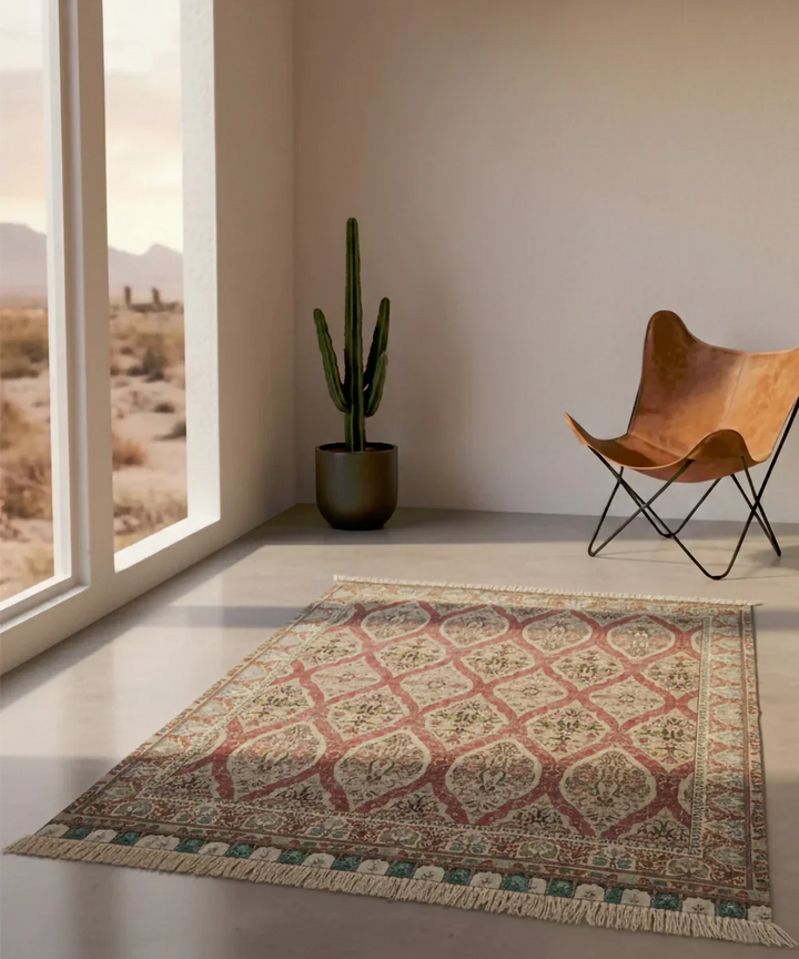 5x7 Feet Printed Rug | Maroon & Beige | Cotton | SHOBITAM