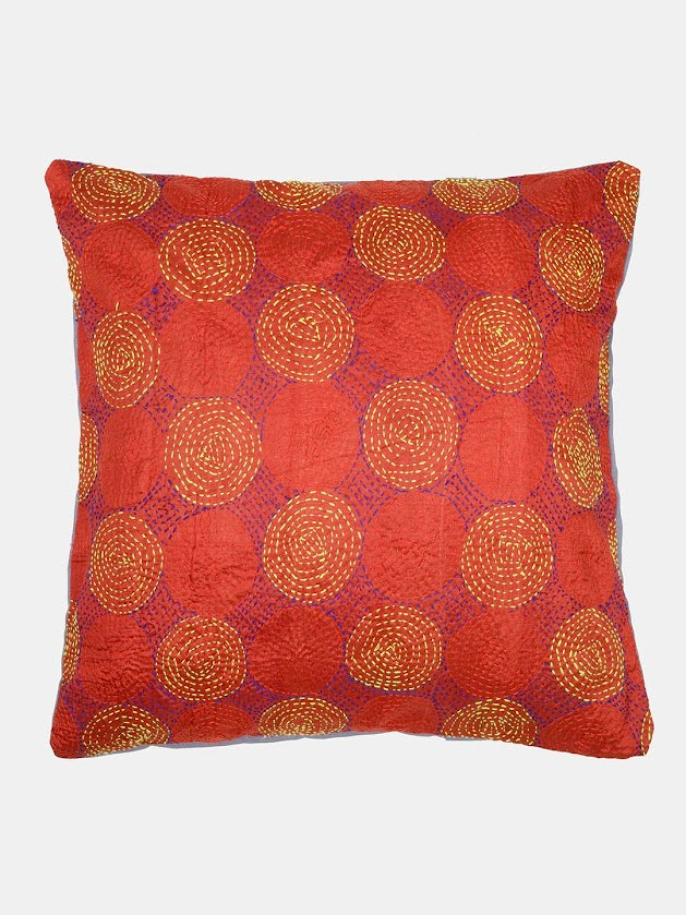 Cream Rust Kantha Silk Reversible Cushion Cover - Pack of 1 | SHOBITAM