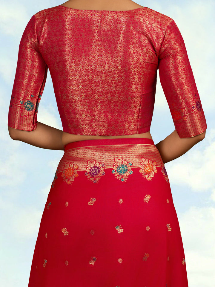 Dark Pink Semi Banarasi Silk Blend Saree With Zari Woven Work | SHOBITAM