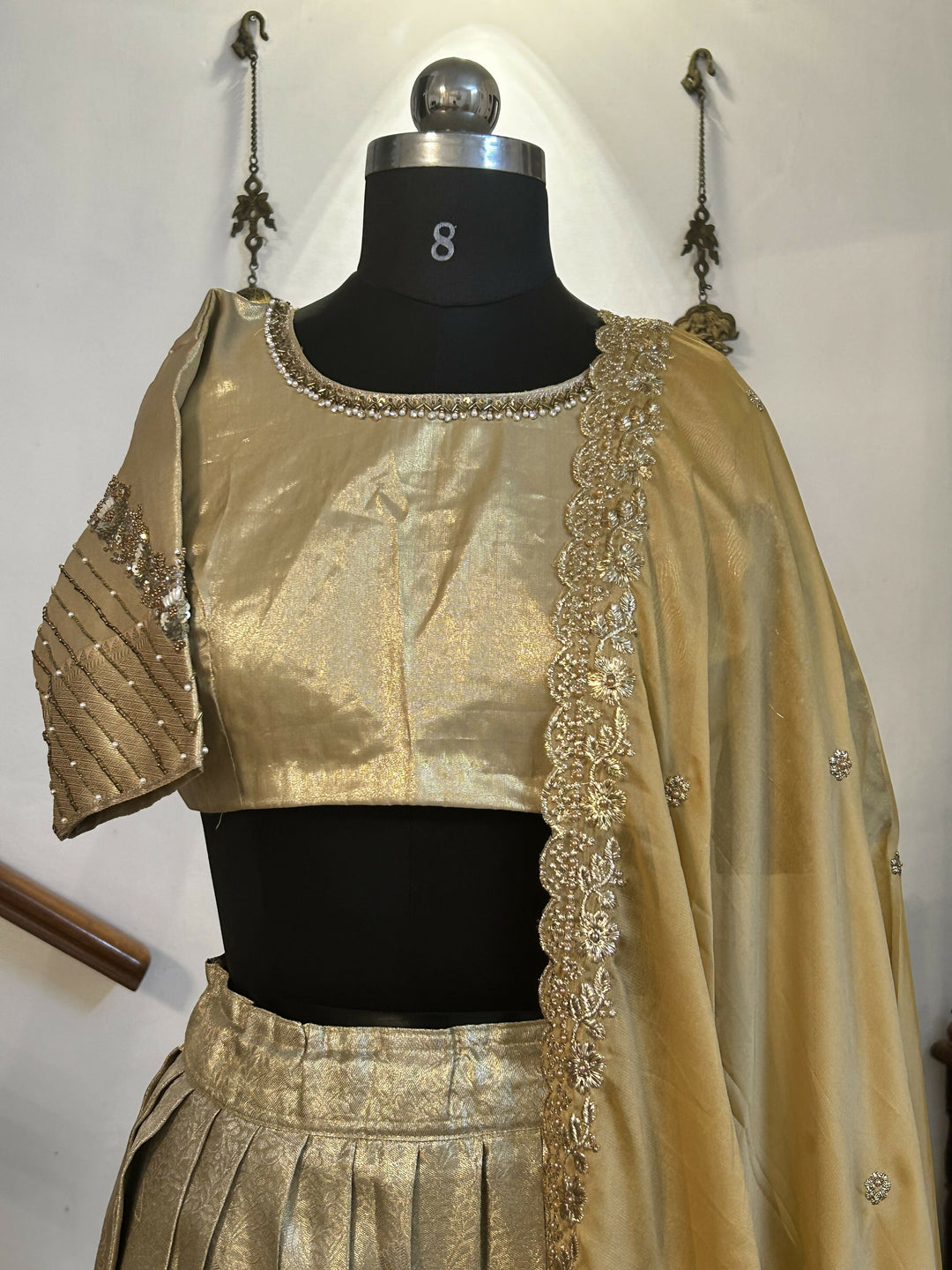 Gold Semi Kanchi half saree Davani /Lehenga Sets with Hand Embroidery Blouse