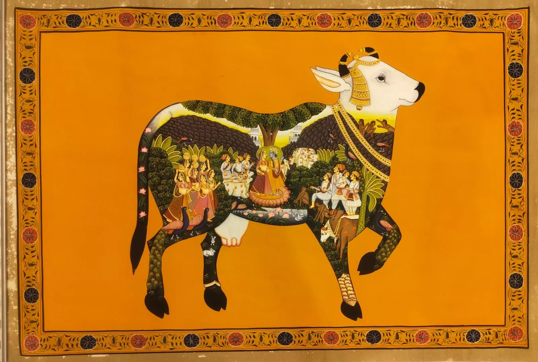 2x3 feet Authentic Jaipur Painting The Divine Kamadhenu: Krishna Leela Within  | SHOBITAM