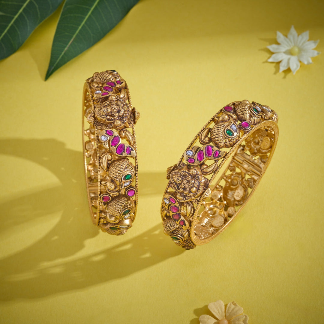 92.5 Silver, Gold Plated, Lokamata Nakshi Bangles | SHOBITAM