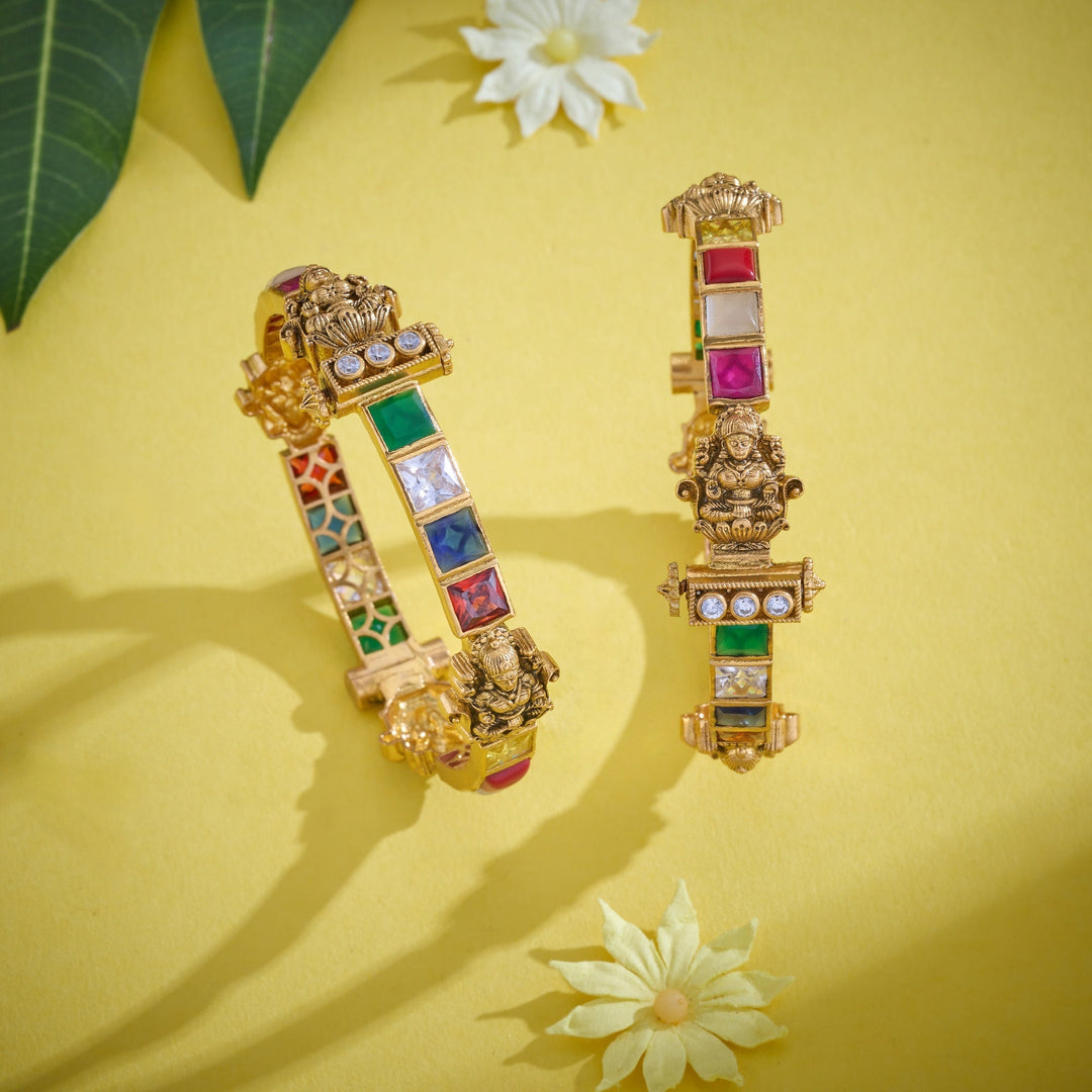 92.5 Silver, Gold Plated, Mahiraam Temple Bangles | SHOBITAM
