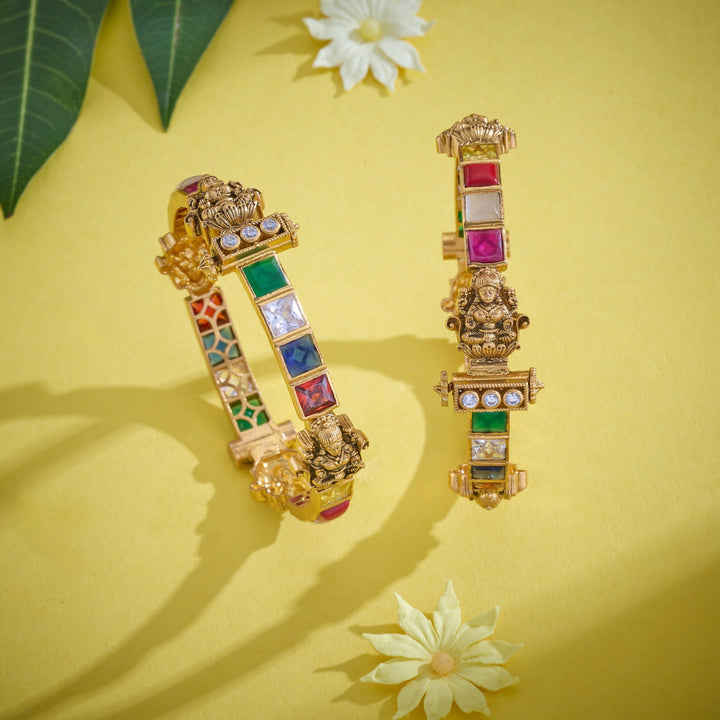 92.5 Silver, Gold Plated, Mahiraam Temple Bangles | SHOBITAM