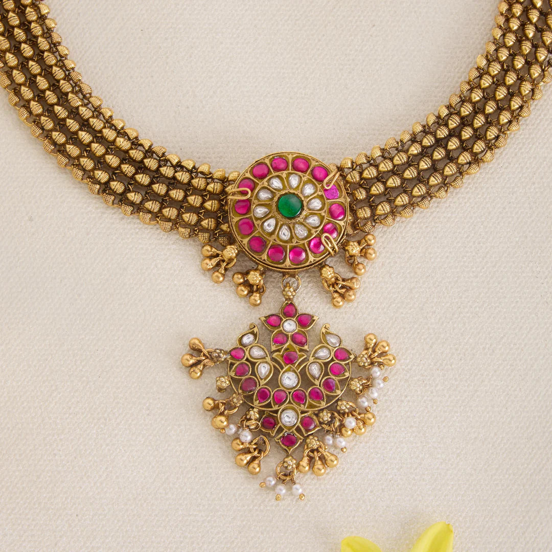 Pure 92.5 Silver, Gold Plated Reeva Kundan Choker