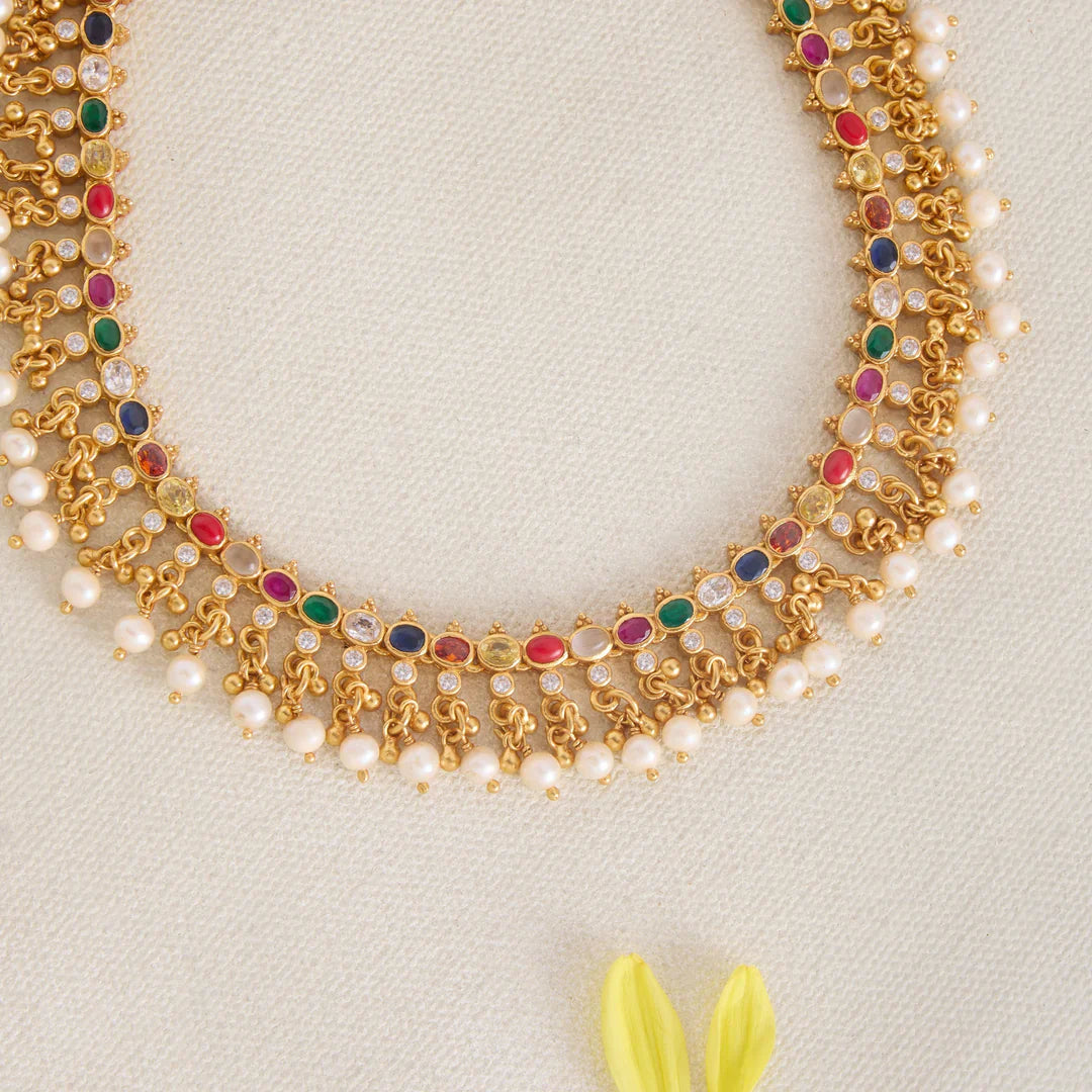 Pure 92.5 Silver, Gold Plated Nav Roshni Short Necklace