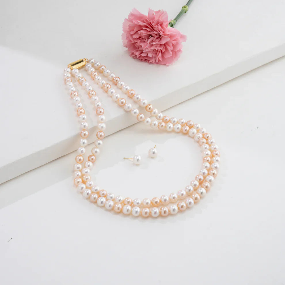 7.0-8.0mm Multicolor Round Freshwater Pearl Necklace Set - AAA Quality | SHOBITAM