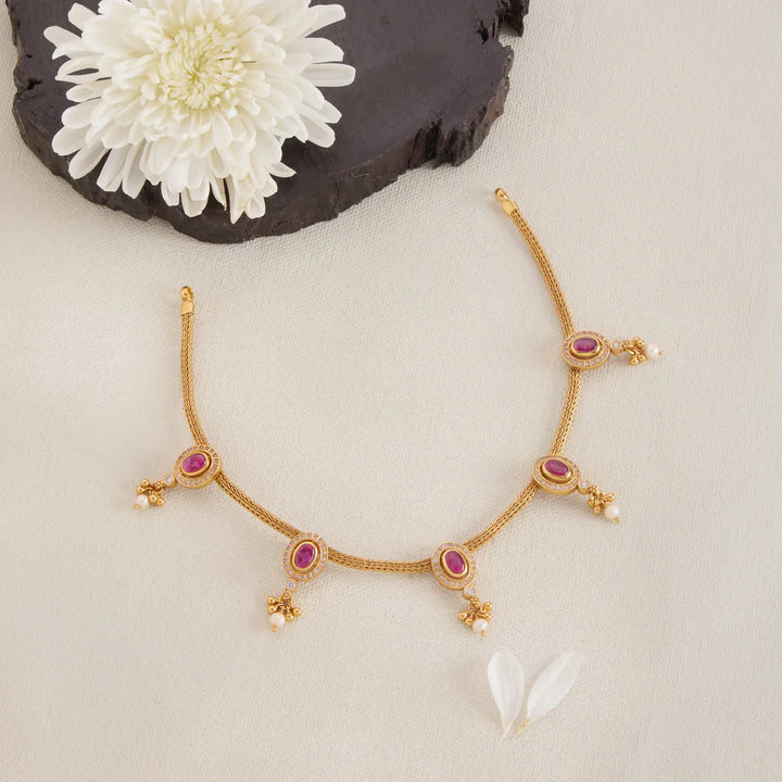 Pure 92.5 Silver, Gold Plated Charvi Oval Lace Necklace