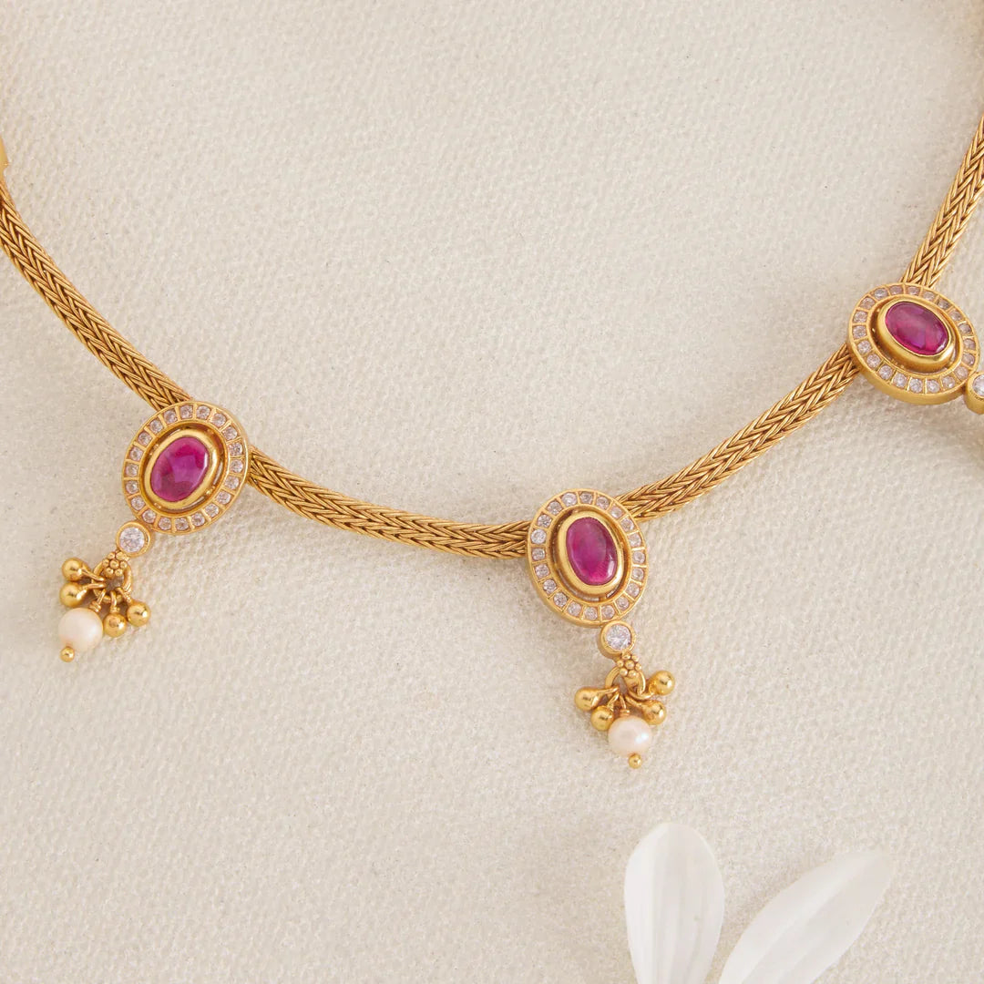 Pure 92.5 Silver, Gold Plated Charvi Oval Lace Necklace