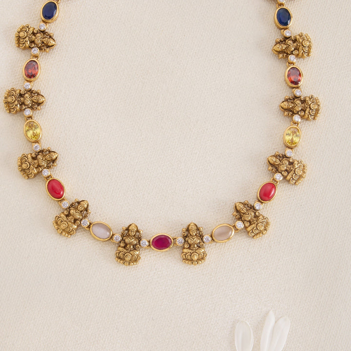 92.5 Silver, 24kt Gold Polish Mani Sita Navaratna Necklace | SHOBITAM