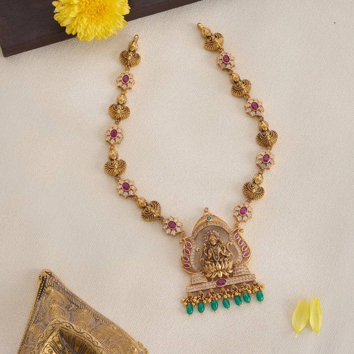 92.5 Silver, 24kt Gold Polish Kalya Dhanalakshmi Short Necklace | SHOBITAM