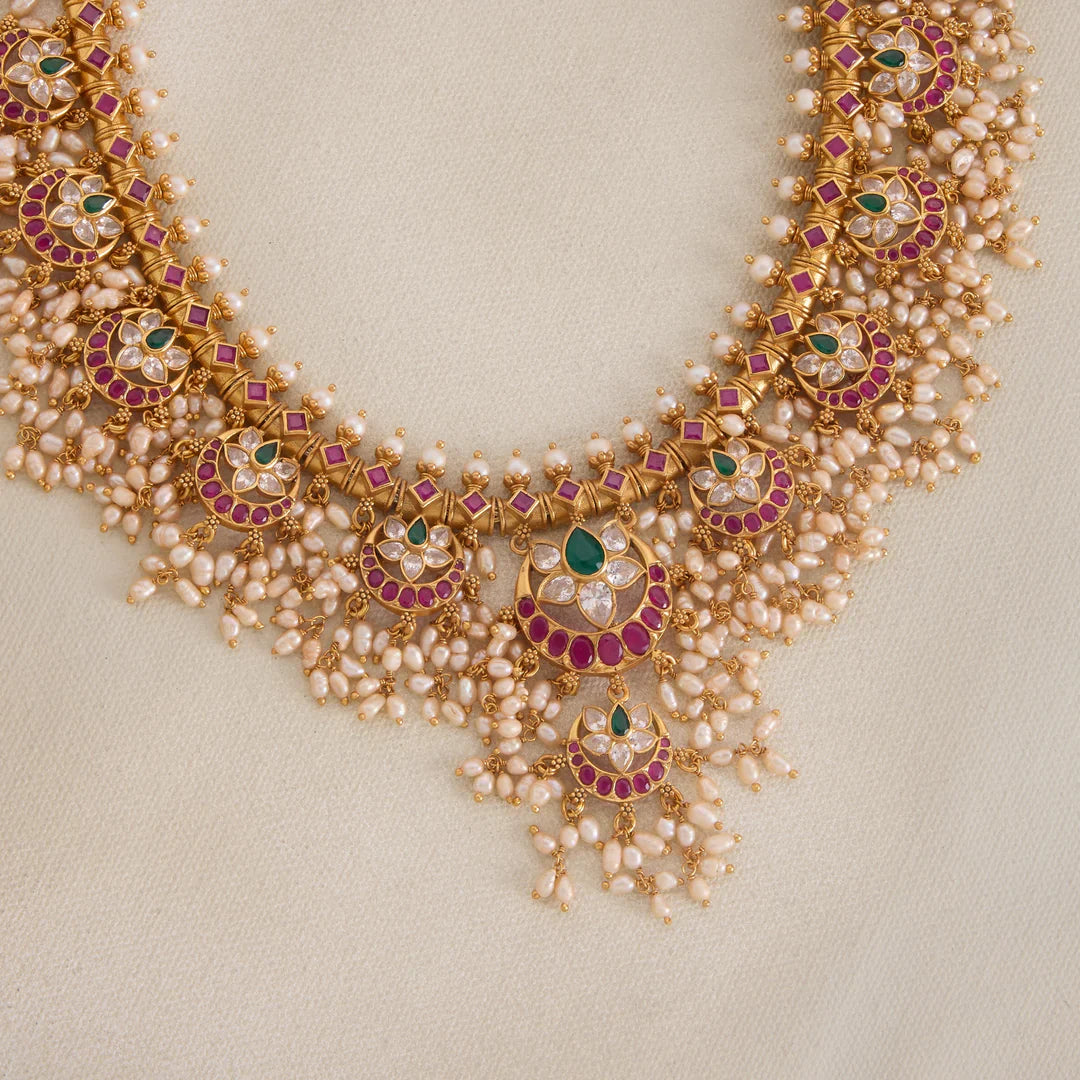 Pure 92.5 Silver, Gold Plated Mahira GuttaPusalu Necklace Set