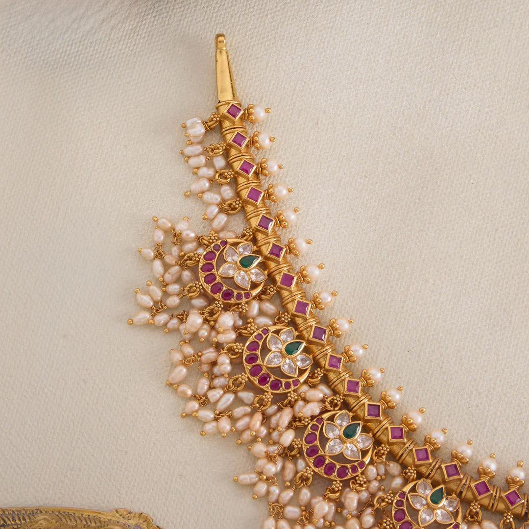 Pure 92.5 Silver, Gold Plated Mahira GuttaPusalu Necklace Set