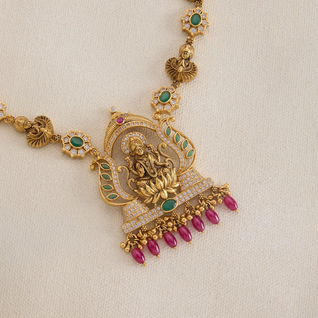 92.5 Silver, 24kt Gold Polish Kalya Dhanalakshmi Short Necklace | SHOBITAM