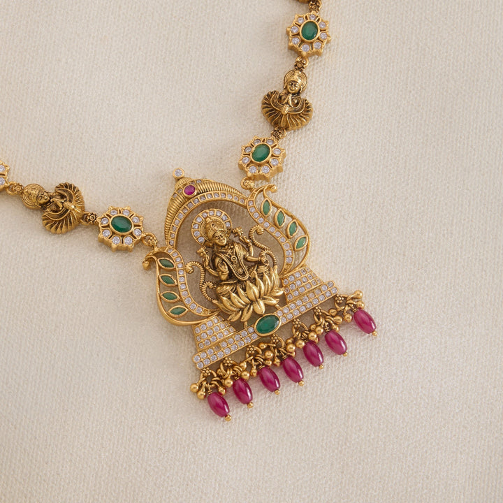 92.5 Silver, 24kt Gold Polish Kalya Dhanalakshmi Short Necklace | SHOBITAM
