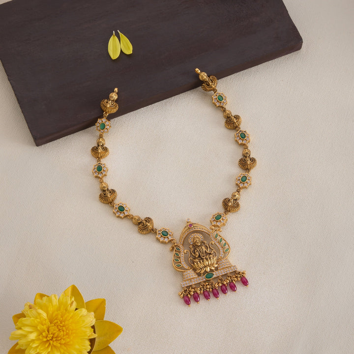 92.5 Silver, 24kt Gold Polish Kalya Dhanalakshmi Short Necklace | SHOBITAM