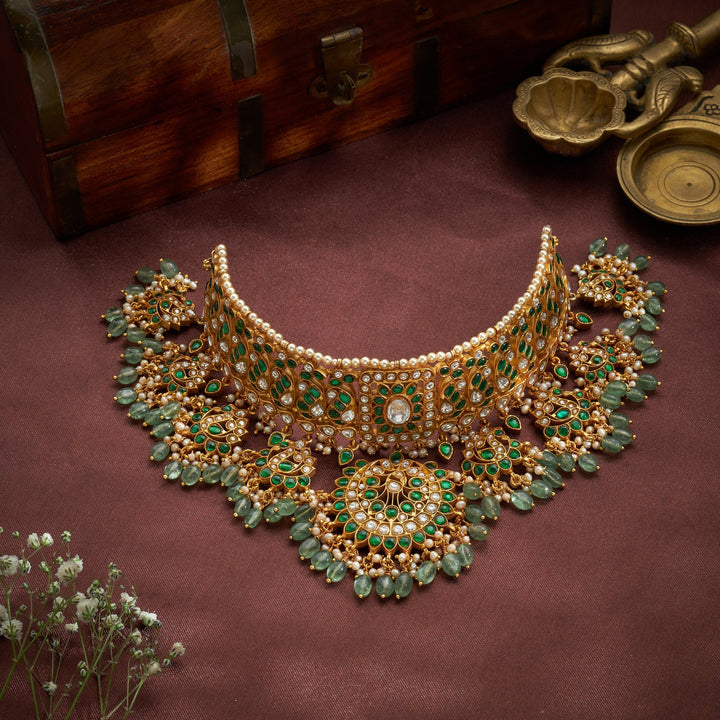 Pure 92.5 Silver, Gold Plated Hamsa Kundan Choker | SHOBITAM