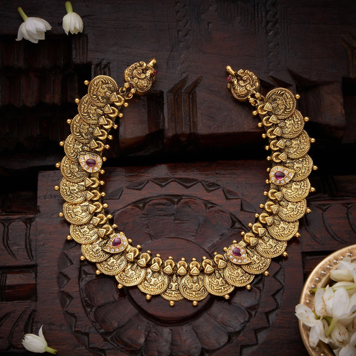 92.5 Silver, Gold Plated, Kasu Temple Necklace | SHOBITAM