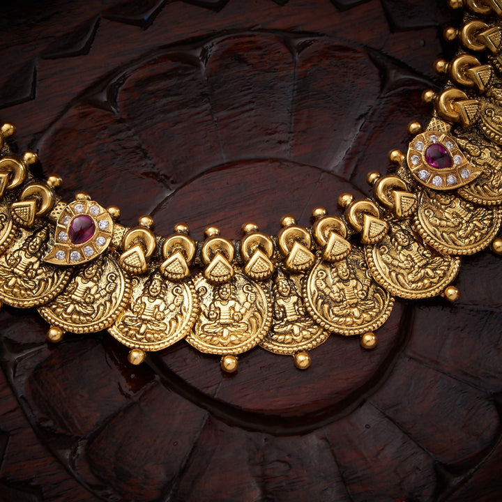 92.5 Silver, Gold Plated, Kasu Temple Necklace | SHOBITAM
