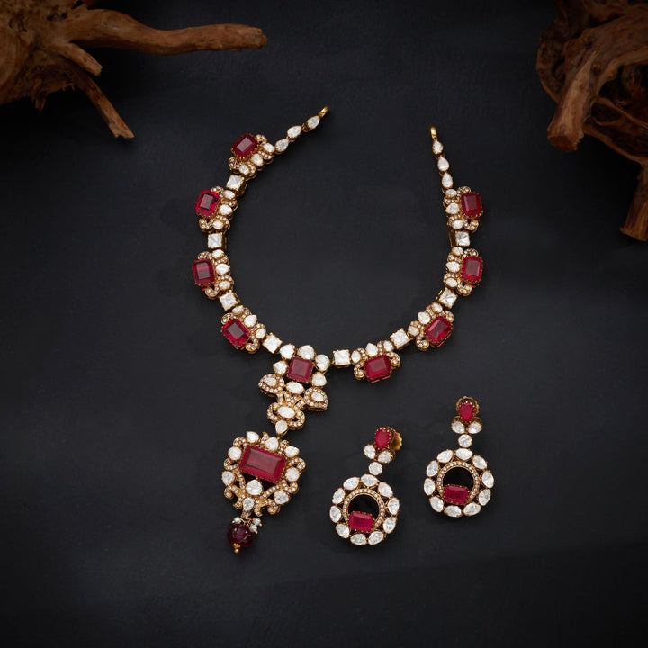 92.5 Silver, 24kt Gold Polish, Ruby Victorian Necklace Set | SHOBITAM