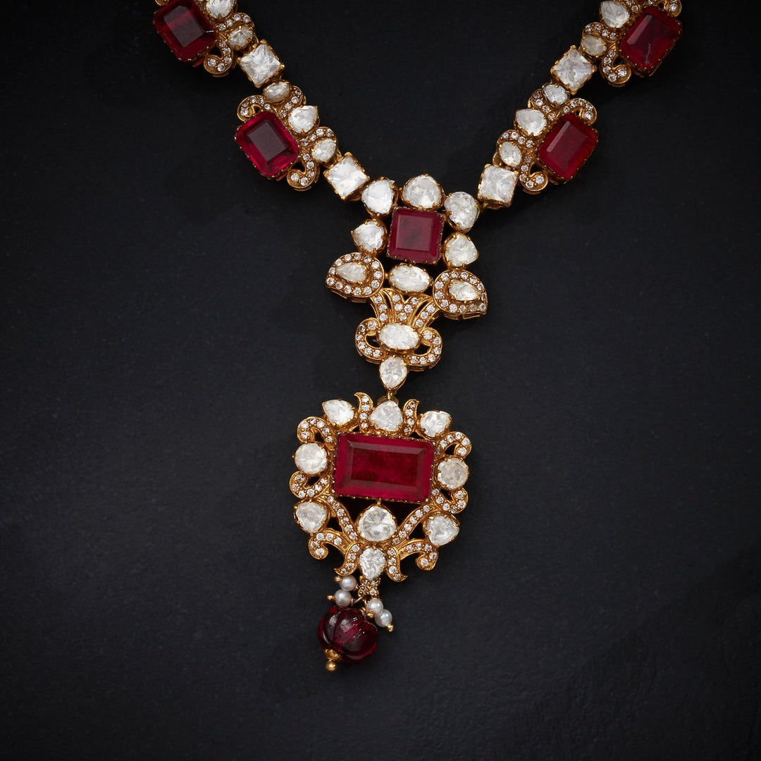 92.5 Silver, 24kt Gold Polish, Ruby Victorian Necklace Set | SHOBITAM
