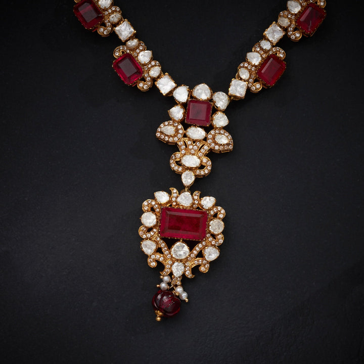 92.5 Silver, 24kt Gold Polish, Ruby Victorian Necklace Set | SHOBITAM