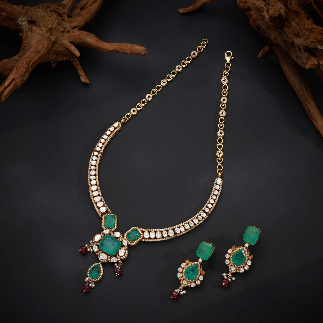 92.5 Silver, 24kt Gold Polish, Glimverda Victorian Necklace Set | SHOBITAM