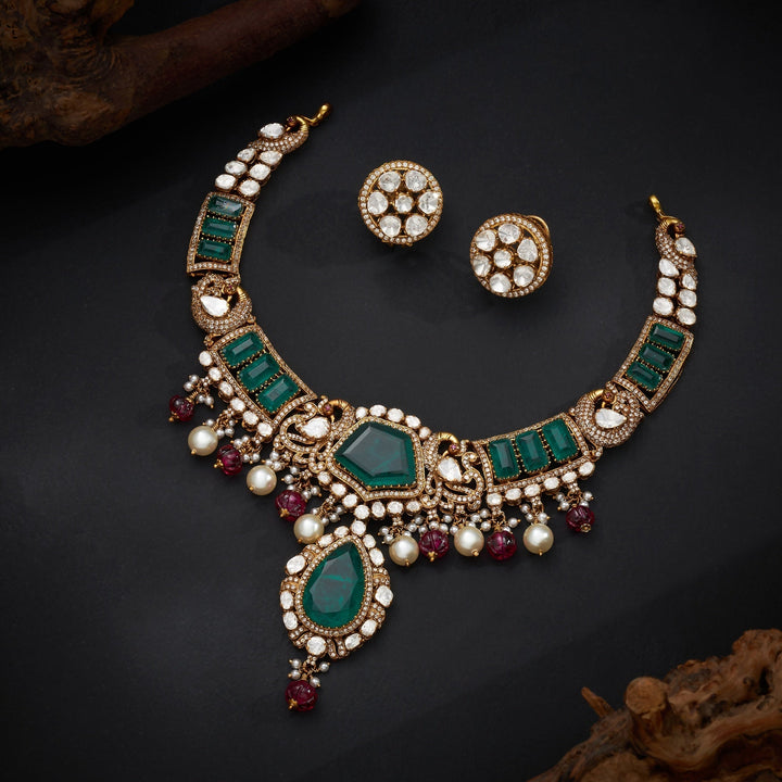 92.5 Silver, 24kt Gold Polish, Jade Victorian Necklace Set | SHOBITAM