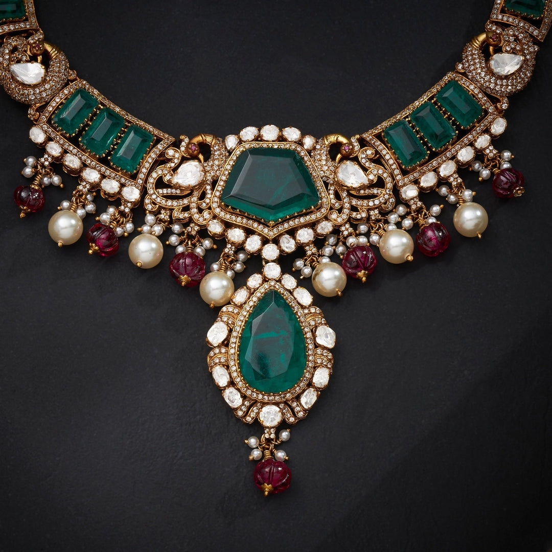 92.5 Silver, 24kt Gold Polish, Jade Victorian Necklace Set | SHOBITAM