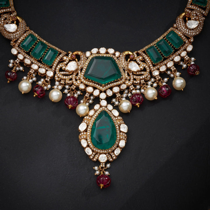 92.5 Silver, 24kt Gold Polish, Jade Victorian Necklace Set | SHOBITAM