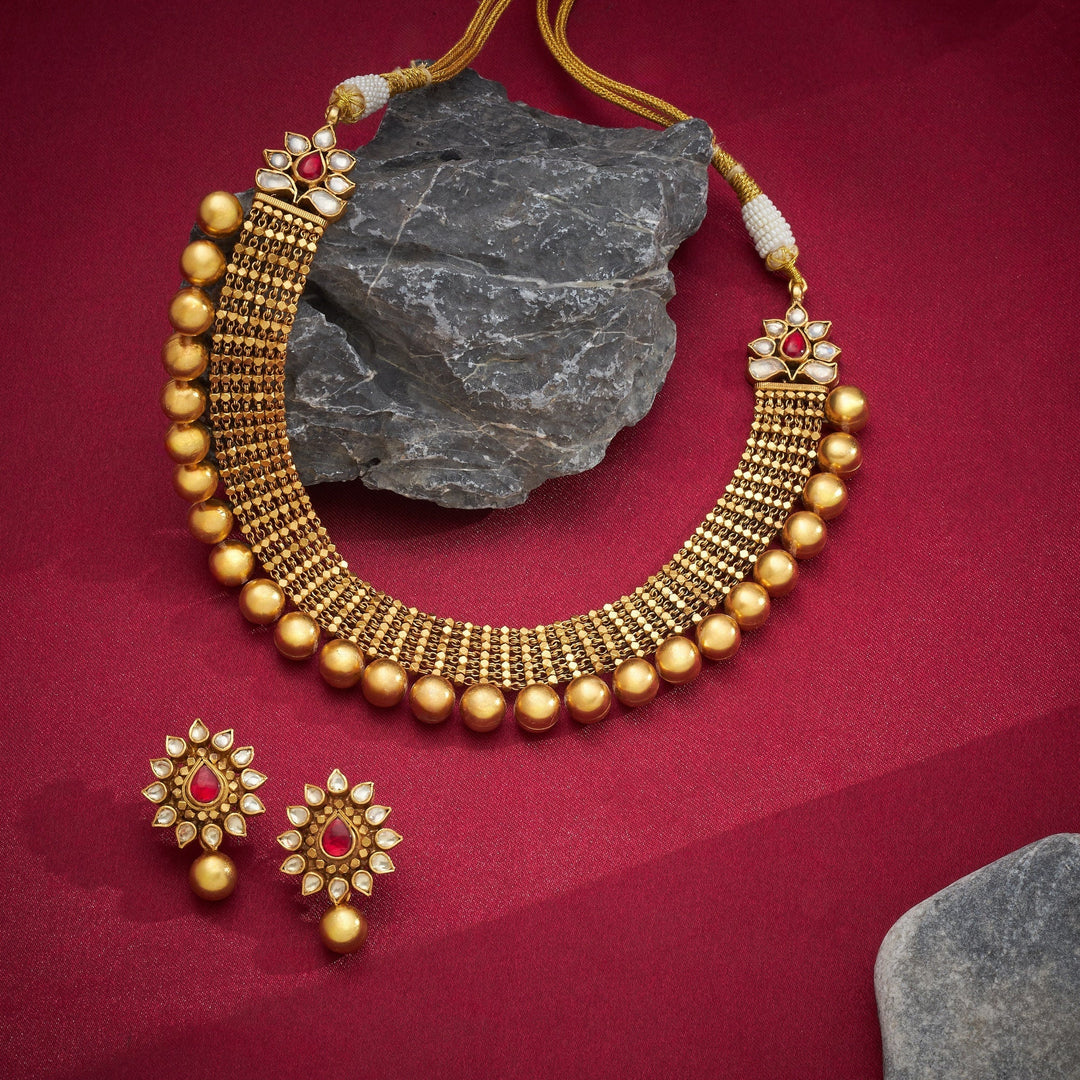 92.5 Silver, 24kt Gold Polish, Kesariya Rekha Necklace Set | SHOBITAM