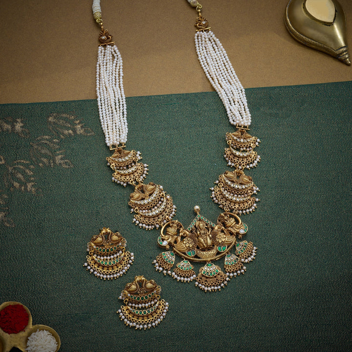 Lakshmi Temple Necklace Set. 92.5 Silver, 24kt Gold Polish Necklace Set.