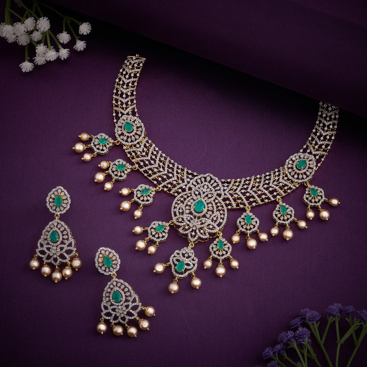 92.5 Silver, 24kt Gold Plated, Sleek CZ Necklace Set | SHOBITAM