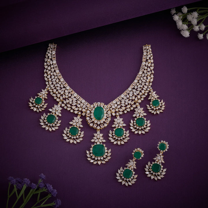 92.5 Silver, Gold Plated, Emerin-CZ Necklace Set | SHOBITAM