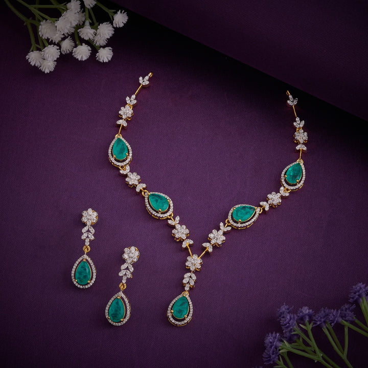92.5 Silver, Gold Plated, Green Petalia CZ Necklace Set | SHOBITAM