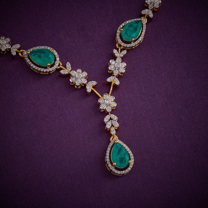 92.5 Silver, Gold Plated, Green Petalia CZ Necklace Set | SHOBITAM