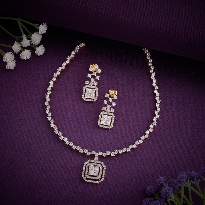 92.5 Silver, 24kt Gold Plated, Moonlight CZ Necklace Set | SHOBITAM
