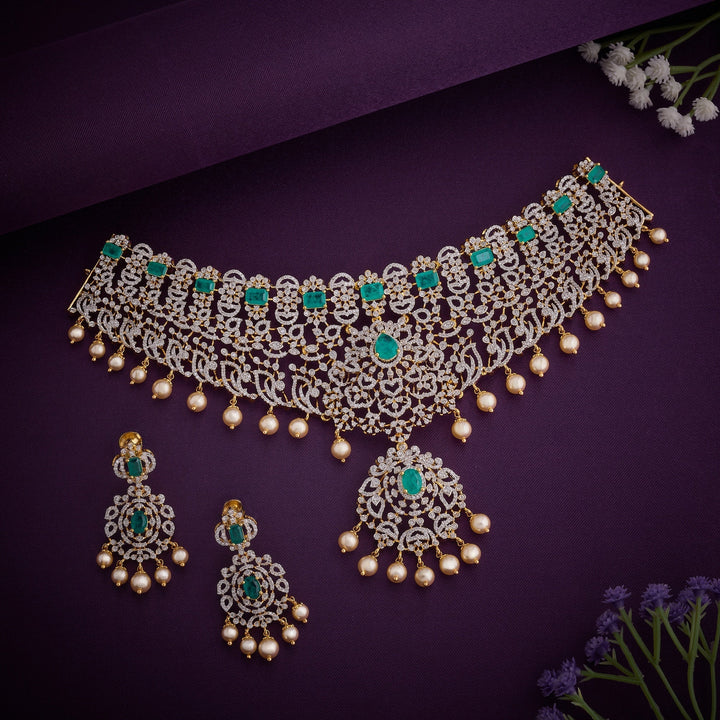92.5 Silver, 24kt Gold Plated, Emerald CZ Choker Set | SHOBITAM