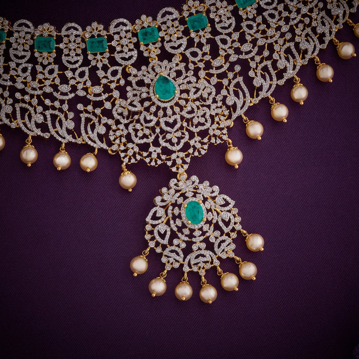 92.5 Silver, 24kt Gold Plated, Emerald CZ Choker Set | SHOBITAM