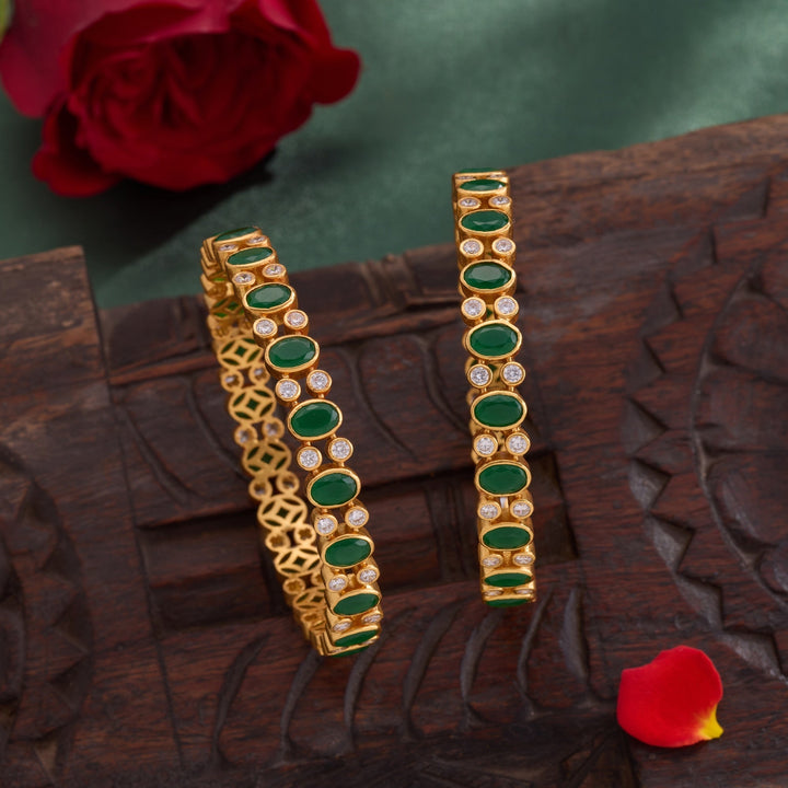 92.5 Silver, 24kt Gold Polish Ovoline Stone Bangles | SHOBITAM