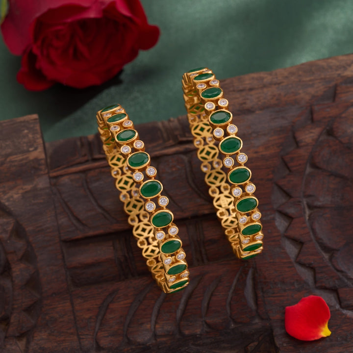 92.5 Silver, 24kt Gold Polish Ovoline Stone Bangles | SHOBITAM