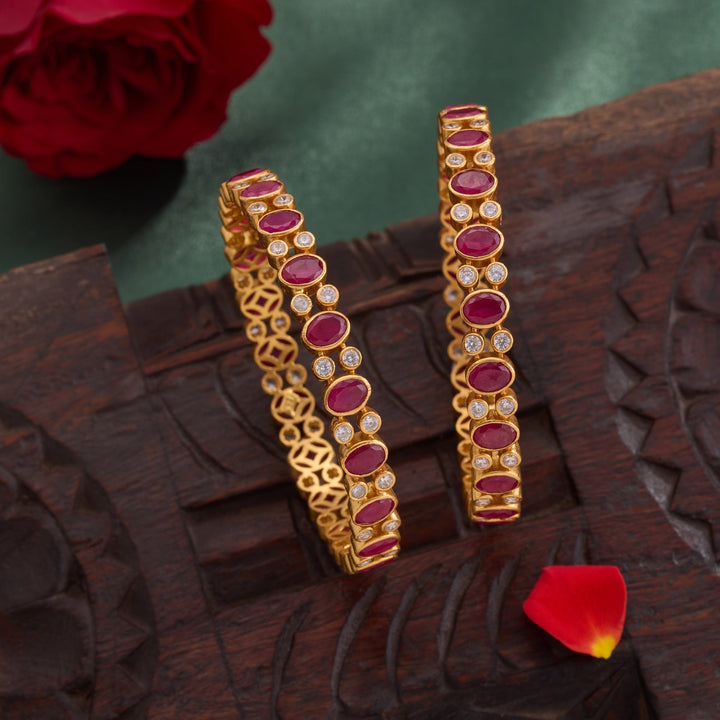 92.5 Silver, 24kt Gold Polish Ovoline Stone Bangles | SHOBITAM