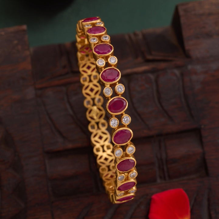 92.5 Silver, 24kt Gold Polish Ovoline Stone Bangles | SHOBITAM