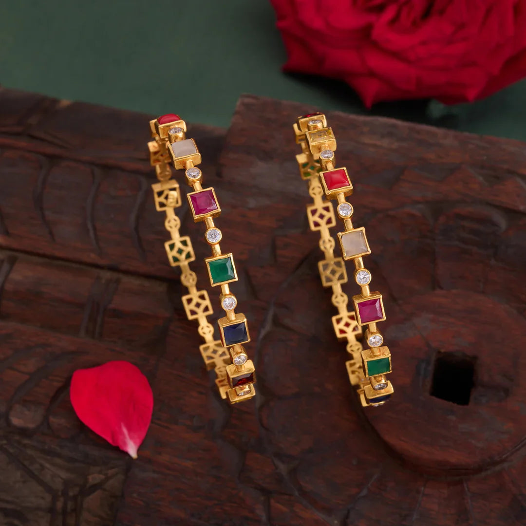 Pure 92.5 Silver, Gold Plated Nine Line Charm Bangles