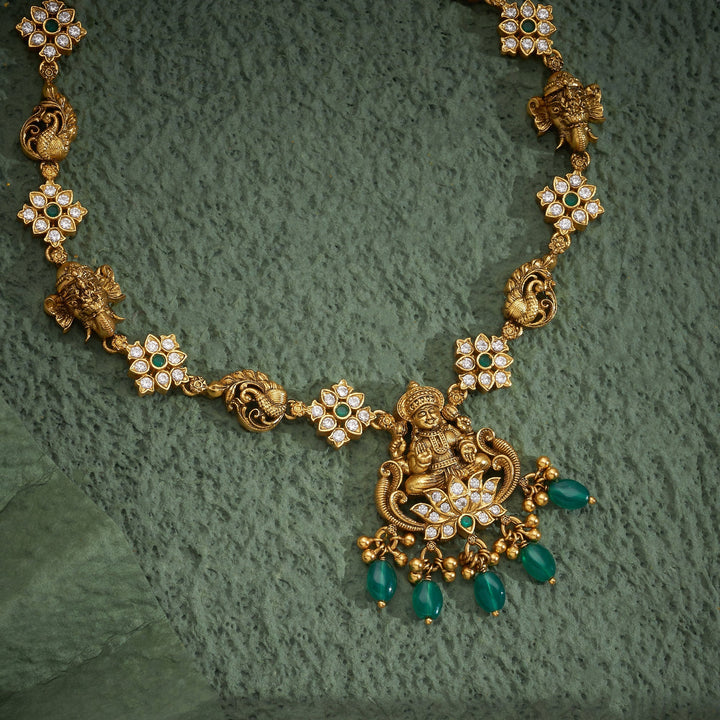 92.5 Silver, 24kt Gold Polish Ratnisha Lakshmi Temple Necklace | SHOBITAM